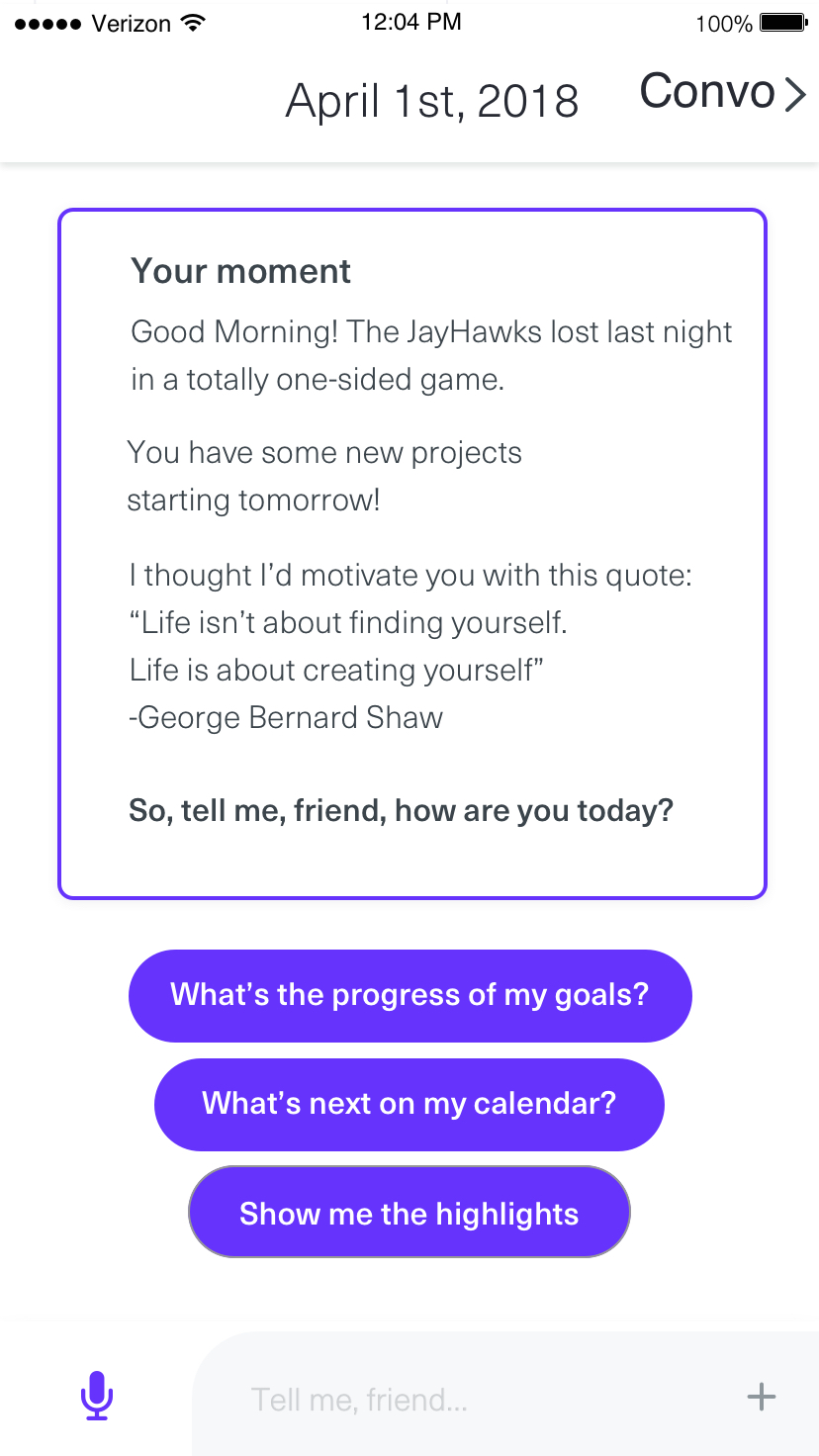 Version 3 interface preview of a conversational Ellsi that shows the moment view that first loads when opening Ellsi