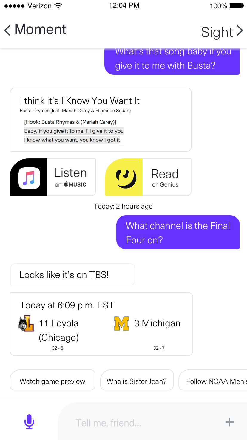 Version 3 interface preview of a conversational Ellsi that shows the conversational interface with interactive cards in conversation